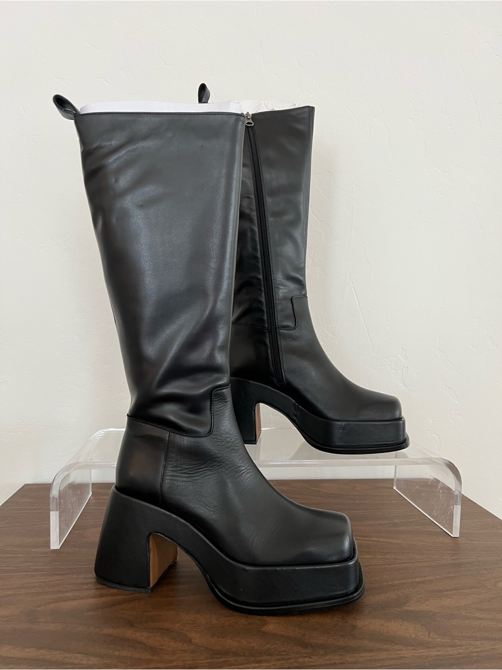L'INTERVALLE Black Platform Knee-High Chunky Square Toe Heeled Boots 38 - Picture 4 of 8